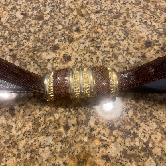 Vintage ‘80’s Leather Shop Genuine Snakeskin Belt Gold Statement Buckle S/M - Picture 2 of 10